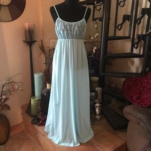 Vintage Movie Star Blue Lace Long Maxi Nightgown Full Night Slip Dress Lingerie